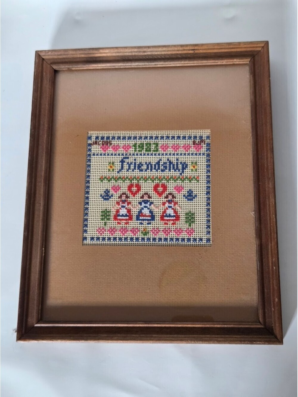 Vintage Framed Cross Stitch Sampler Friendship Theme with Girls and Floral Motif